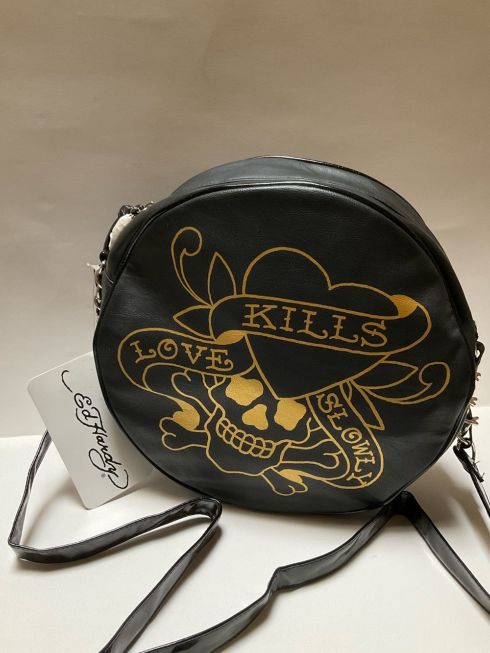 Ed Hardy LOVE KILLS SLOWLY round Black Crossbody Bag Tattoo Design Gold Skull